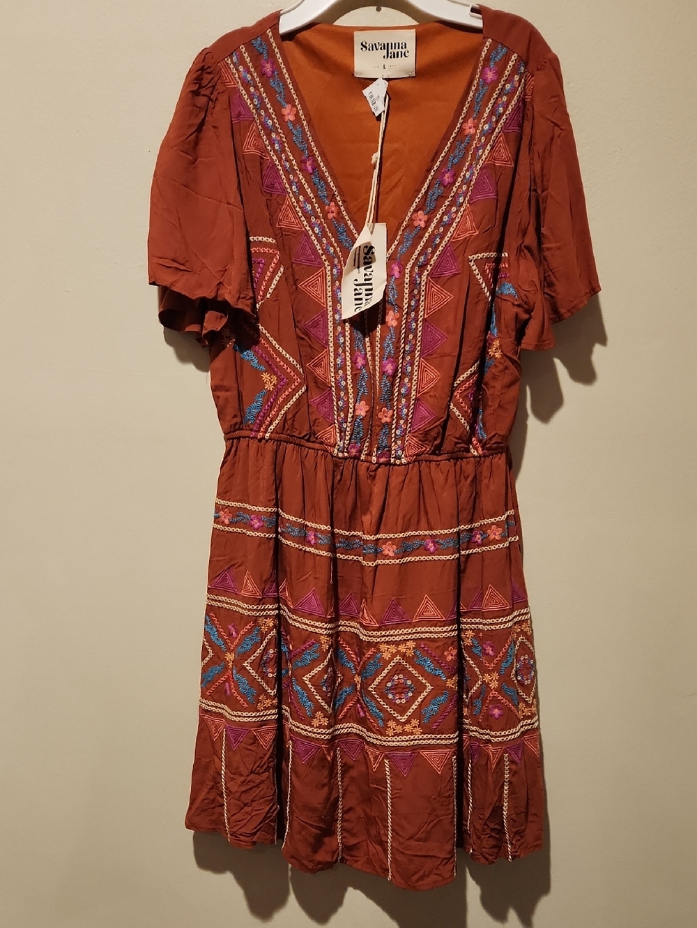 ❤️ NWT! SAVANNA JANE DESERT ESCAPE EMBROIDERED BOHO DRESS, LARGE - Picture 4 of 11